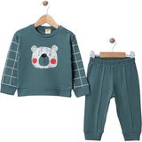 %100 Pamuk Erkek Bebek Ayıcık Baskılı 2’li Eşofman Takımı – Günlük Spor Set (6-18 Ay) - Yeşil - 9 Ay