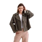 %100 Pamuk Gabardin Astarlı Oversize Geniş Kalıp Kadın Crop Kısa Trençkot 1122 (Haki, XL)