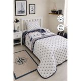%100 Pamuk Kapitone Yatak Örtüsü Tek Kişilik Gemici Desenli 160x220 Cm + 1 Adet Yastık Kılıfı Lacivert