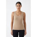 %100 Pamuk Kaşkorse V Sırt Detaylı Günlük Basic Crop Top Kadın Atleti/Bluz (Bej, M)