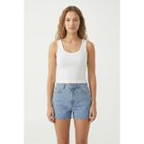 %100 Pamuk Kaşkorse V Sırt Detaylı Günlük Basic Crop Top Kadın Atleti/Bluz (Beyaz, M)