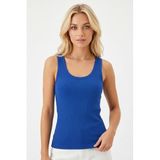 %100 Pamuk Kaşkorse V Sırt Detaylı Günlük Basic Crop Top Kadın Atleti/Bluz (Mavi, M)