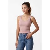 %100 Pamuk Kaşkorse V Sırt Detaylı Günlük Basic Crop Top Kadın Atleti/Bluz (Pembe, M)