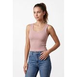 %100 Pamuk Kaşkorse V Sırt Detaylı Günlük Basic Crop Top Kadın Atleti/Bluz (Pembe, S)