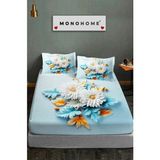 %100 Pamuk Lastikli Çarşaf Özel Tasarım 5d Dijital 60 Tel Buket - Mavi - Beyaz - 180 x 200