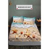 %100 Pamuk Lastikli Çarşaf Özel Tasarım 5d Dijital 60 Tel Deniz Yıldızları - Bej - Mavi - 180 x 200
