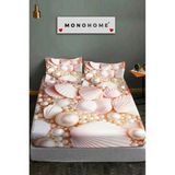 %100 Pamuk Lastikli Çarşaf Özel Tasarım 5d Dijital 60 Tel Pearls And Shells - Pudra - Ekru - 160 x 200