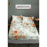 %100 Pamuk Lastikli Çarşaf Özel Tasarım 5d Dijital 60 Tel Salmon Flowers - Kahve - Krem - 180 x 200
