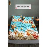 %100 Pamuk Lastikli Çarşaf Özel Tasarım 5d Dijital 60 Tel Sea Of Dreams - Mavi - Kahve - 180 x 200