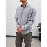 %100 Pamuk Muslin Erkek Gömlek – Oversize, Uzun Kollu, Düğmeli - XL - Gri