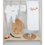 %100 Pamuk Organik Dantelli Tulum 4'lü Hastane Çıkış Seti (Kişiye Özgü Isimli Nakış Desenli) - Ekru - 0 - 3 Ay