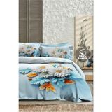 %100 Pamuk Ranforce Çeyizlik Luxury 5d Dijital Çift Kişilik Nevresim Takımı Mavi Papatya - Mavi - Beyaz - Navy - 200 x 220 cm