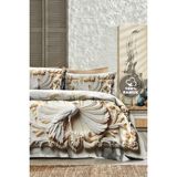 %100 Pamuk Ranforce Çeyizlik Luxury 5d Dijital Çift Kişilik Nevresim Takımı Royal Peacock - Bej - Ekru - 200 x 220 cm