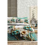 %100 Pamuk Ranforce Çeyizlik Luxury 5d Dijital Çift Kişilik Nevresim Takımı Turkuaz - Krem - Turkuaz - 200 x 220 cm