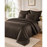 %100 Pamuk Saten Çizgili Çift Kişilik Nevresim Takımı - Kahverengi - 240 x 260 cm
