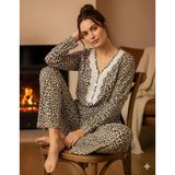 %100 Pamuklu Leopar Desenli Penye Pijama Takımı Kadın Ev Giyimi