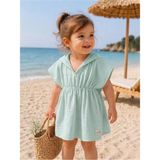 %100 Pamuklu Müslin Bürümcük Kumaş Çocuk&bebek Kapüşonlu Panço Bornoz, Plaj Havlusu - 6 - 12 Ay - Mint Yeşili