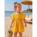 %100 Pamuklu Müslin Kumaş Çocuk&bebek Kapüşonlu ve Panço Bornoz, Plaj Havlusu - 5 - 7 Yaş - Hardal