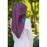 %100 Twill İpek Büyük Çiçek Desenli Fuşya - Koyu Mint Yeşili Renkli 90X90 Eşarp Dikim Şekli : El Dikişi