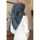 %100 Twill İpek Şal Desenli Petrol Yeşili Renkli 90X90 Eşarp Dikim Şekli : El Dikişi