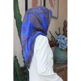 %100 Twill İpek Şal Desenli Saks Renkli 90X90 Eşarp Dikim Şekli : El Dikişi