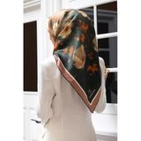 %100 Twill İpek Yağlı Boya Çiçek Desenli Taba - Petrol Yeşili Renkli 90X90 Eşarp Dikim Şekli : El Dikişi