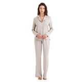 %100 Viskoz Jakarlı Saten Uzun Kol Önden Düğmeli Bej Pijama Takım C8T8N4O06 BEJ XL
