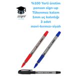 %100 Yerli üretim pensan sign-up Tükenmez kalem 1mm uç kalınlığı 3 adet mavi-kırmızı-siyah