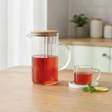 1000 ml Bambu Kapaklı Borosilikat Cam Yağlık ve Sürahi - Isıya Dayanıklı Çizgili (Line) Desenli Modern Meşrubat ve Su Karafı (9X17 Cm)