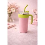 1000 Ml Kulplu Pipetli Çelik Termos Mug Vakumlu Isı Yalıtımlı Büyük Boy Sızdırmaz Bardak (Pudra Pembe)