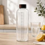 1000 ML Ölçülü Cam Su Şişesi Akasya Kapaklı Şeffaf Cam Matara Günlük Su Takip Şişesi