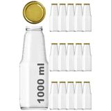 1000 ml Şeffaf Meyve Suyu Şişesi, Meşrubat, Limonata Şişesi Metal Kapaklı 1000 Cc Boş Cam Şişe (15, Altın Kapak, 1000, Mililitre)