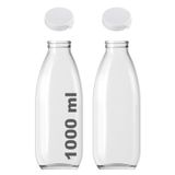 1000 ml Şeffaf Sürahi Süt, Ayran, Su, Limonata, Meşrubat Şişesi 1000 Cc Yırtmalı Kapaklı Cam Şişe 2 Adet (2, Beyaz Kilitli Kapak, 1000)