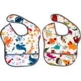 1001 2 Adet Ekonomik Set 6-24 Ay Zoo ve Seaworld Desen Sıvı Geçirmeyen Cepli Cırtlı Mama Önlüğü