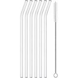 1001 6’lı Cam Pipet Seti + Temizleme Fırçası – Kavisli Şeffaf Cam Pipet, Yeniden Kullanılabilir