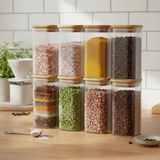 1001 6'lı Set 520 ml Bambu Kapaklı Kare Cam Kavanoz - 6X15 cm Vakumlu Ekstra Uzun Boy Şeffaf Erzak Kab