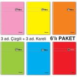 1001 A5 72 Yaprak Pp Kapaklı Spiralli Defter – 6’lı Karma Paket (3 Çizgili, 3 Kareli) - Ahşap