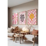 1001 Ahşap Çerçeveli 3’lü Tablo Seti Pembe Enerji – Modern Pop Art Genç Odası Set 30129, 15 x 2 - Beyaz - Gold