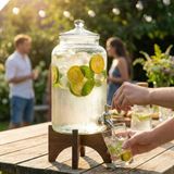 1001 Amberhaus Akasya Ahşap Standlı Musluklu Cam Sebil - Soğuk Içecek Dispenseri ve Limonata Sürahi