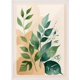 1001 Beyaz Çerçeveli Tablo Yeşil Yapraklı Minimal Bitki Salon Dekoru Poster 100207, 21 x 30 - Beyaz - Gold