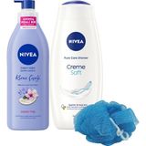 1001 Creme Soft Duş Jeli 500ML ve Kiraz Çiçeği Nemlendirici Vücut Bakım Losyonu 400ML, Banyo Lifi H - Beyaz - Gold