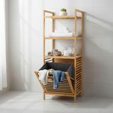1001 Doğal Bambu 3 Katlı Banyo Rafı ve Çamaşır Sepeti Havluluklu Ahşap Düzenleyici (40X30X119 Cm)