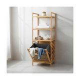 1001 Doğal Bambu 3 Katlı Banyo Rafı ve Çamaşır Sepeti Havluluklu Ahşap Düzenleyici (40X30X119 Cm)