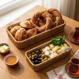 1001 Hasır Örgü Dikdörtgen Sepet Tepsisi, 2'li Set, Doğal Renk, Ekmek ve Organizer Kullanımı, 28X1