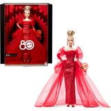 1001 Kırmızı Tül Elbisesi, Damla Küpeleri ve Tül Eldivenleri ile Sarı Saçlı Barbie Signature Beb