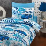 1001 Lüks%80 Pamuklu Tek Kişilik Nevresim Takımı Yorgan Kılıfı Çocuk Desen Beyaz Mavi Araba Desen - 100 x 100 cm