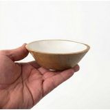 1001 Mango Ağacı Kase - Içi Krem Emaye (Enamel) Kaplama 13 cm Dekoratif Ahşap Sunum Kasesi - Leke Tu - Beyaz - Gold