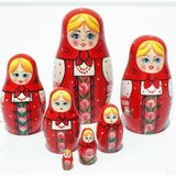 1001 Matruşka Seti, Kırmızı, Ahşap, 6 Parça, El Yapımı, Montessori Eğitici, Çiçek Desenli, Dek