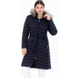 1001 Mont Kadın Lacivert Uzun Çıkarılabilir Kürk Kapüşonlu Dolgulu Bel Kemerli Su Itici Şişme Mont 8529 - 2XL