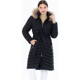 1001 Mont Kadın Siyah Uzun Çıkarılabilir Kürk Kapüşonlu Dolgulu Bel Kemerli Su Itici Şişme Mont 8529 - XL
